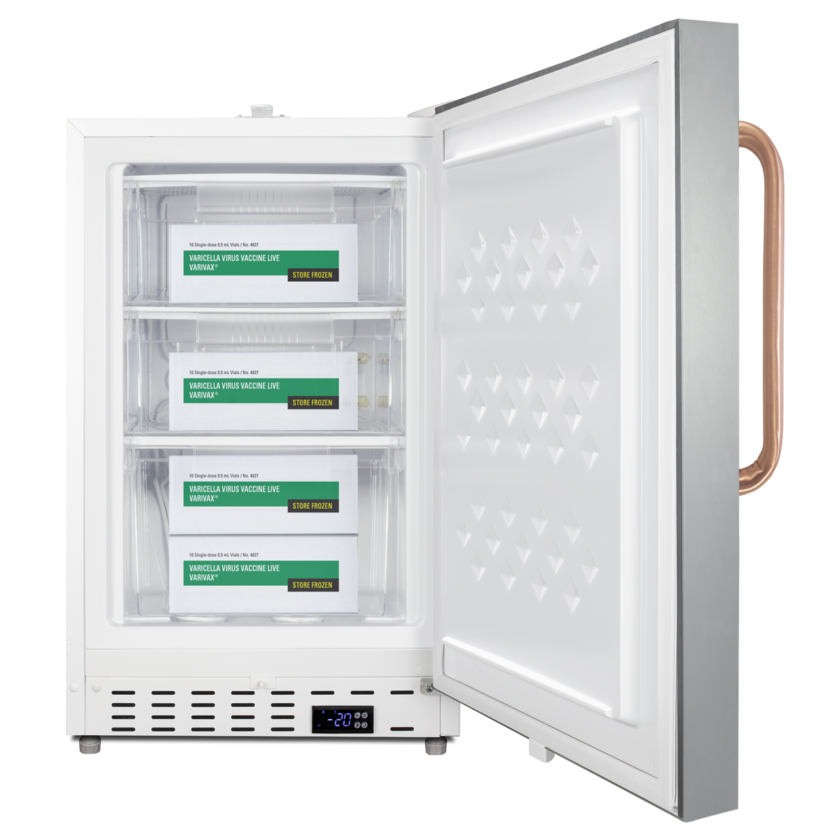 Built-in undercounter -25 C ADA compliant all-freezer in white with a stainless steel door, lock, pure copper towel bar handle, digital controls, interior baskets, hospital cord with 'green dot' plug, factory installed access port, and manual defrost operation